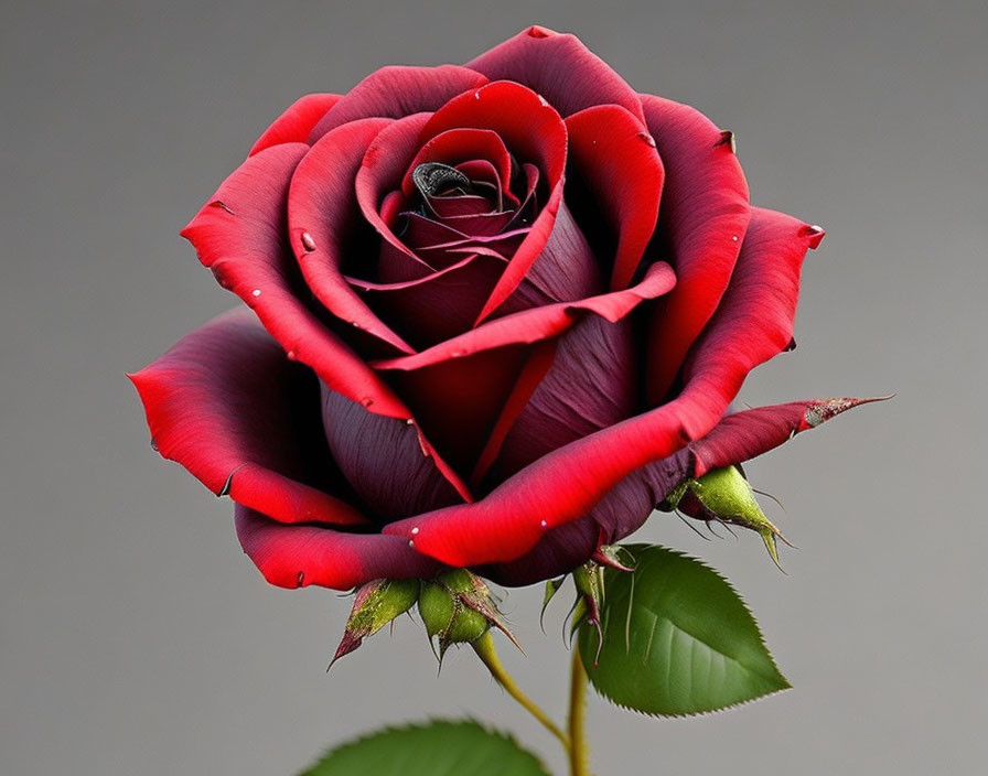 Vivid red rose with highlighted edges on neutral background, two green buds and leaves