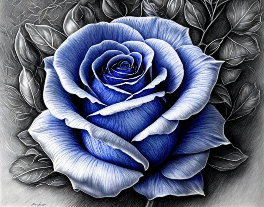 Realistic blue rose pencil drawing with shaded petals and dark leaves