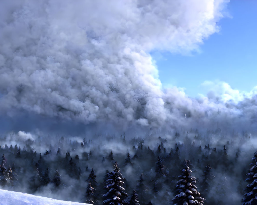 Smoke Blanket Over Snowy Forest Landscape