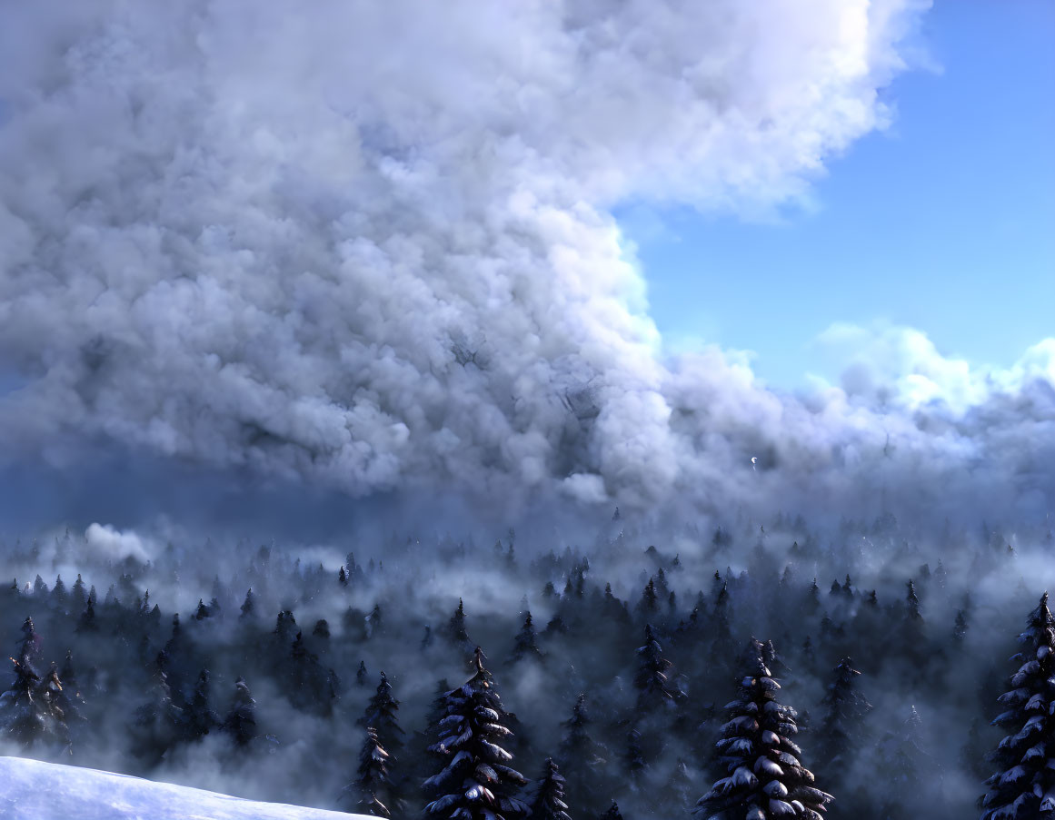 Smoke Blanket Over Snowy Forest Landscape