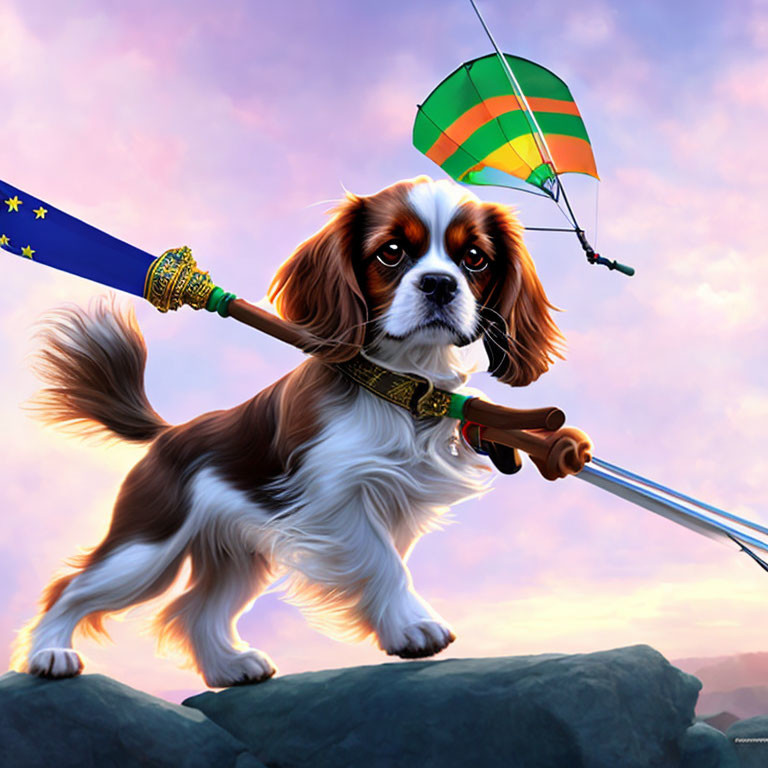 Cartoon Cavalier King Charles Spaniel with wand and parachute on rock at sunset