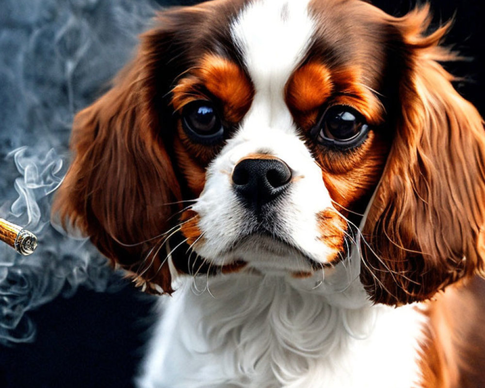 Digitally Altered Cavalier King Charles Spaniel Smoking Cigar on Dark Background