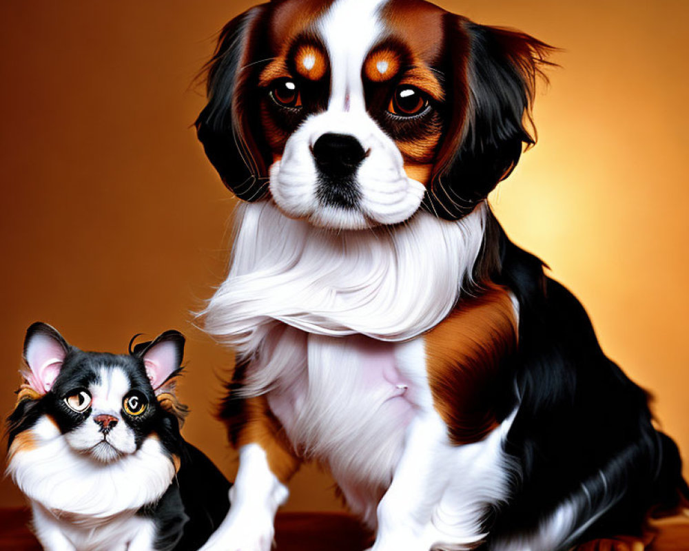 Digitally altered image of dog and cat with human-like eyes and flowing hair on amber background