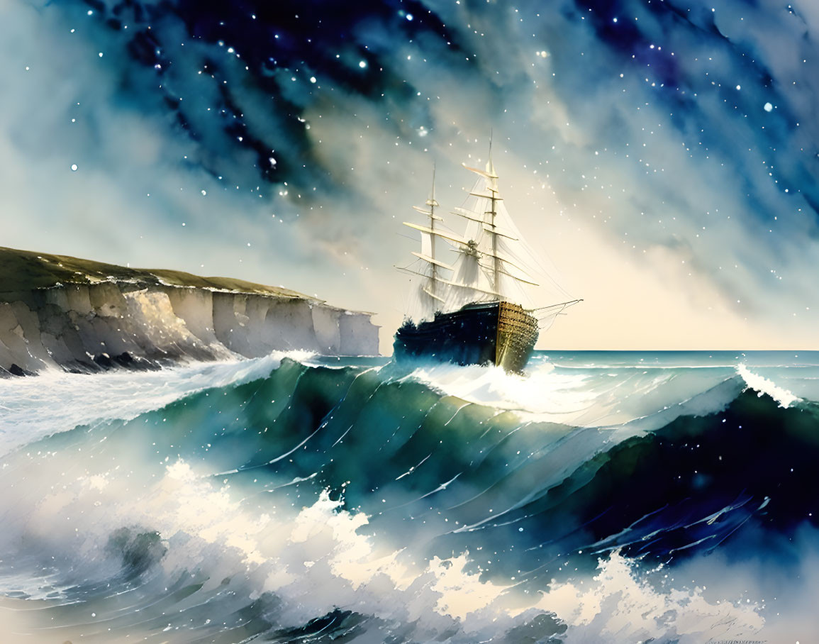 Ship sailing near cliff under starry sky with cresting waves