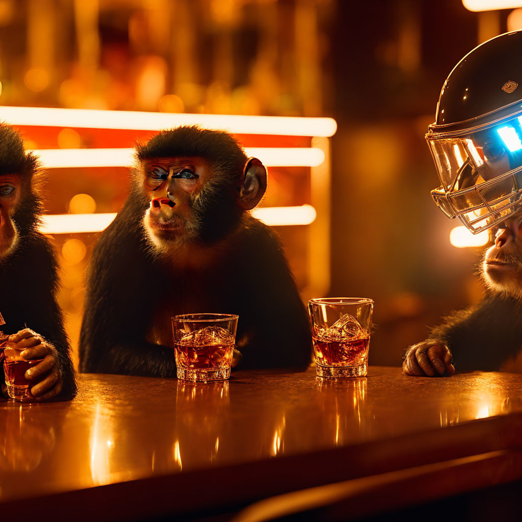 Two monkeys and a person in a helmet at a bar under neon lights