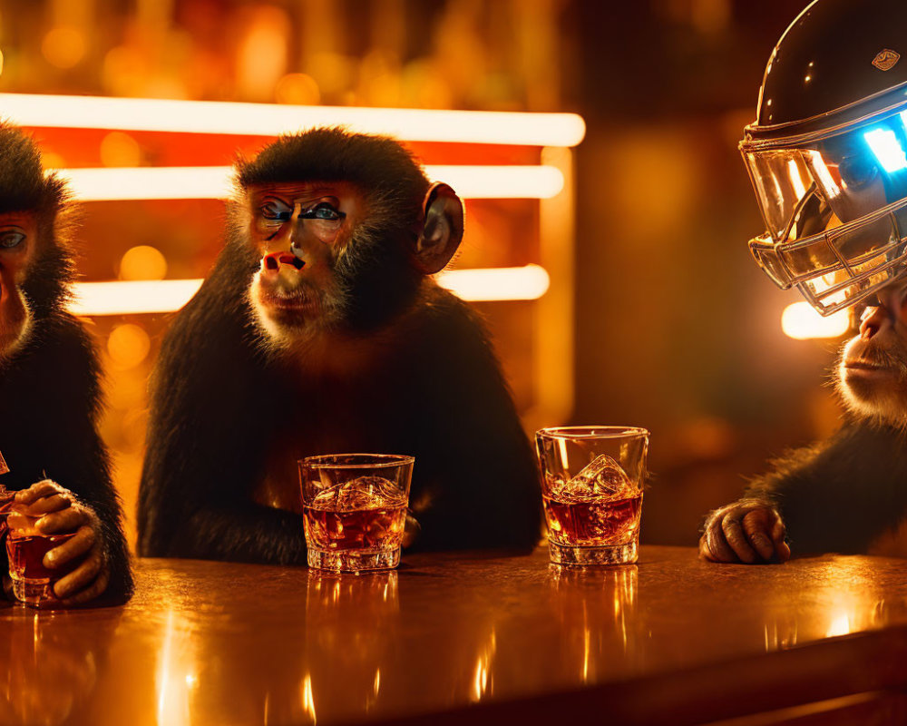 Two monkeys and a person in a helmet at a bar under neon lights