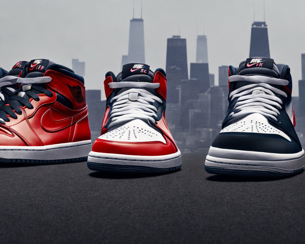 Three Air Jordan 1 Sneakers: Red, White, and Black on City Skyline