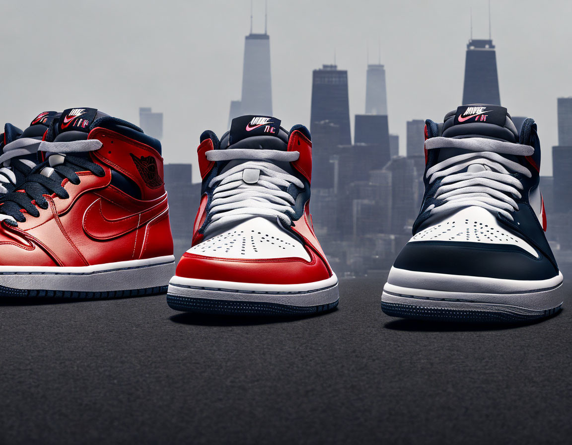 Three Air Jordan 1 Sneakers: Red, White, and Black on City Skyline