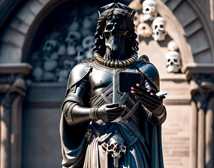 Bronze statue of figure with curly hair and beard holding smartphone and skull necklace.