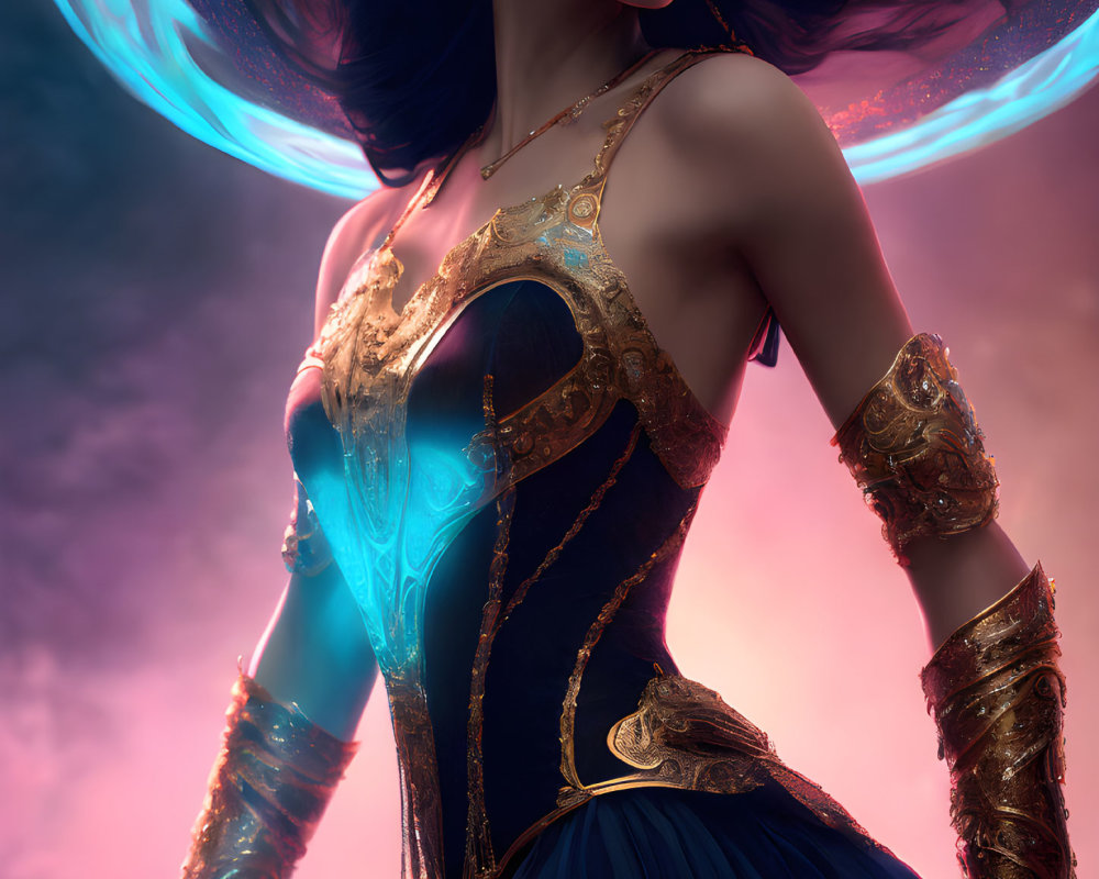 Digital artwork: Woman with flowing hair, decorated corset, arm bracers, and magical blue aura