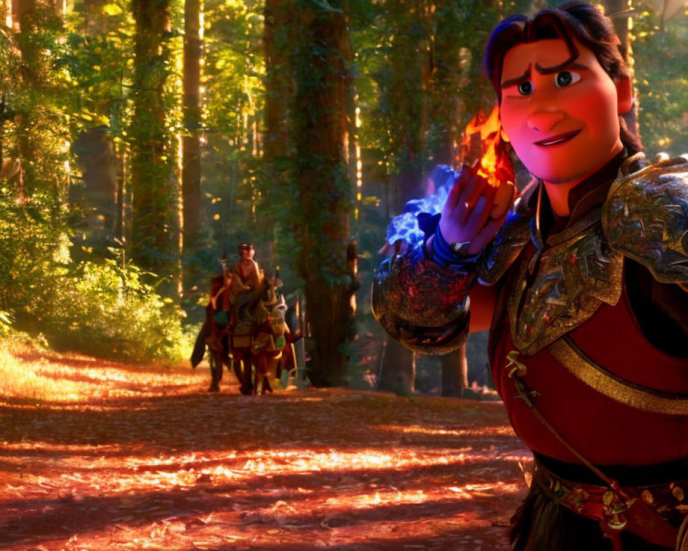 Vibrant forest scene with animated knight and glowing hands