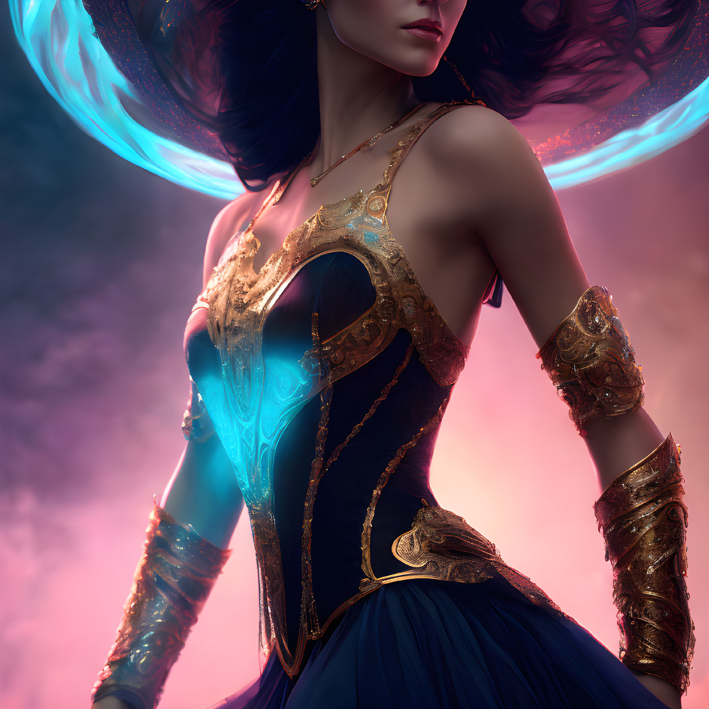 Digital artwork: Woman with flowing hair, decorated corset, arm bracers, and magical blue aura