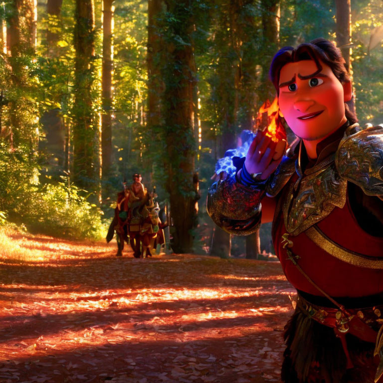 Vibrant forest scene with animated knight and glowing hands