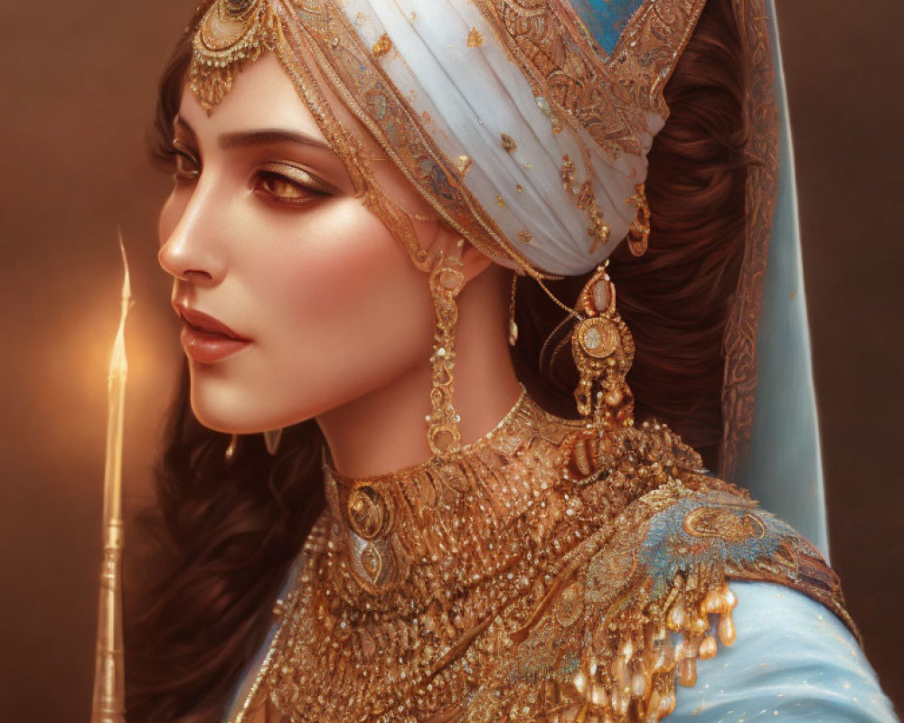 Regal woman digital artwork with elegant jewelry and ornate headdress