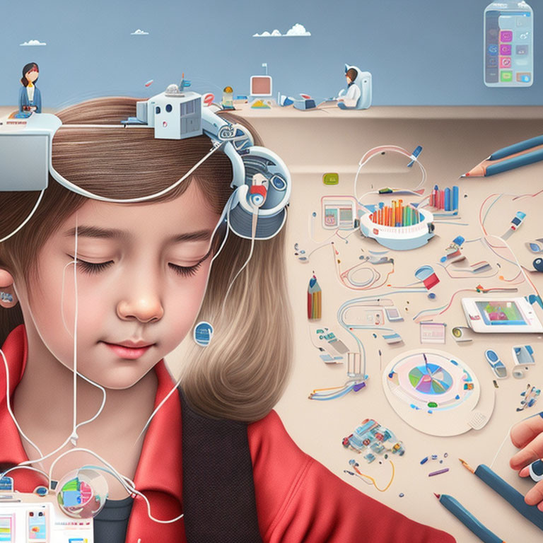 Digital illustration of girl with headphones and technology symbolism.