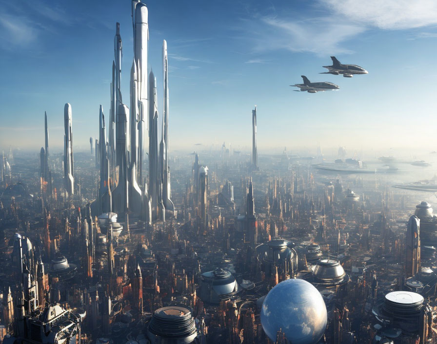 Futuristic cityscape with skyscrapers and flying vehicles