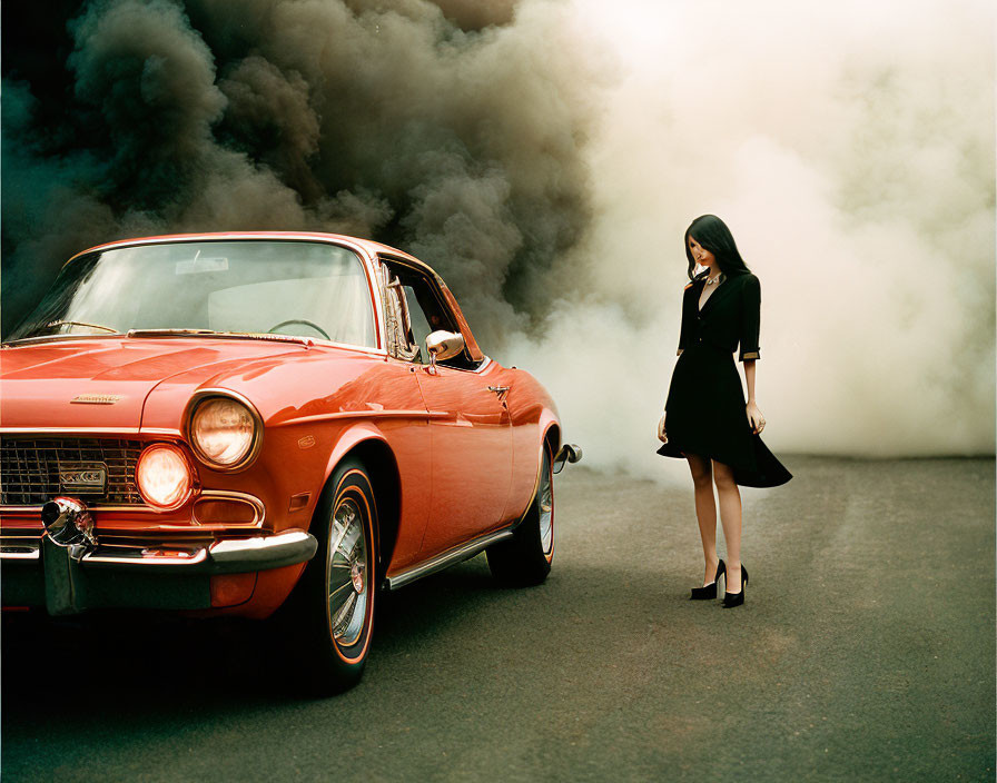 Woman in black outfit next to classic red car with white-wall tires in swirling smoke.