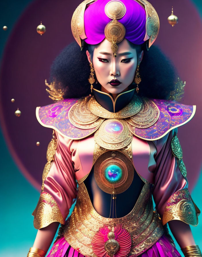 Intricate purple headdress and golden armor on regal figure against teal backdrop