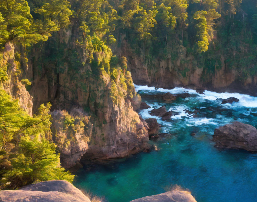 Scenic view of lush green cliffs above turquoise sea