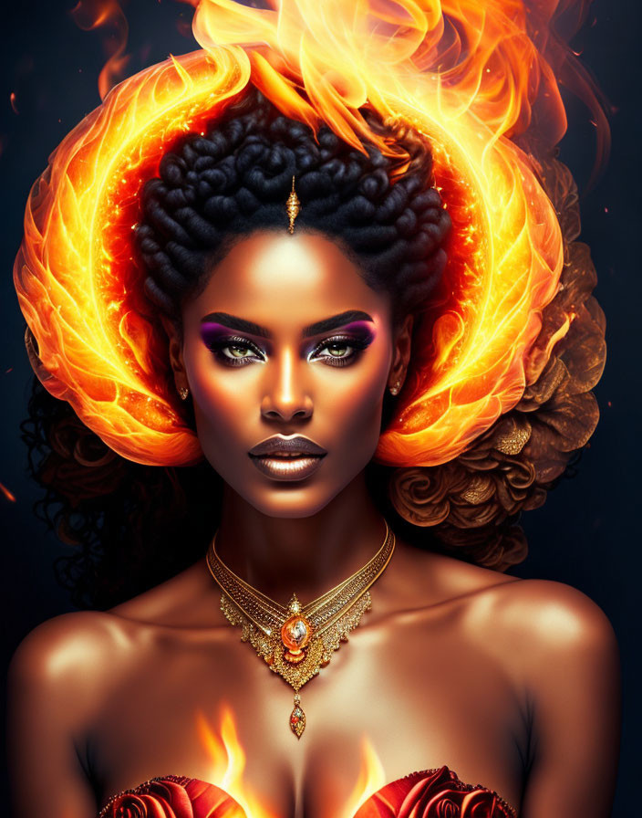 Dark-skinned woman with fiery hair and vibrant makeup on dark background