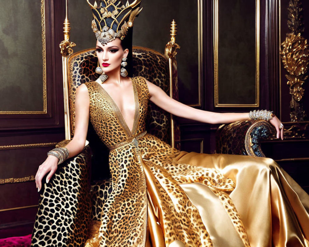 Luxurious golden leopard-print dress and ornate crown on a woman in regal setting