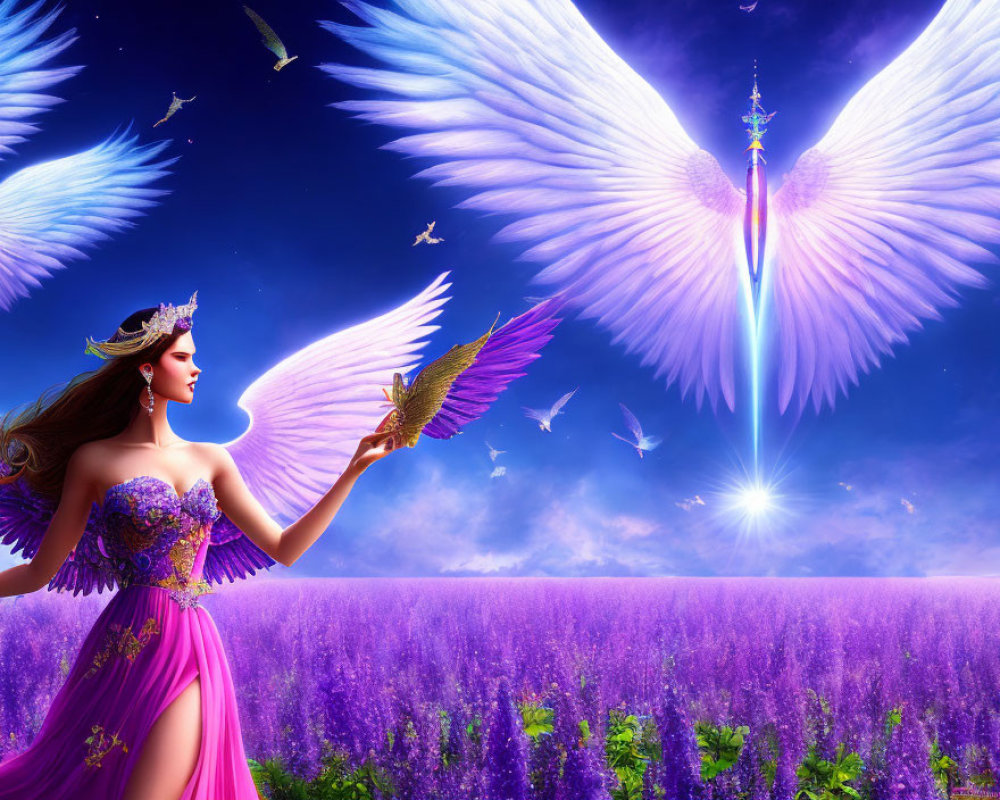 Winged woman in purple dress with bird in flower field under bright sky