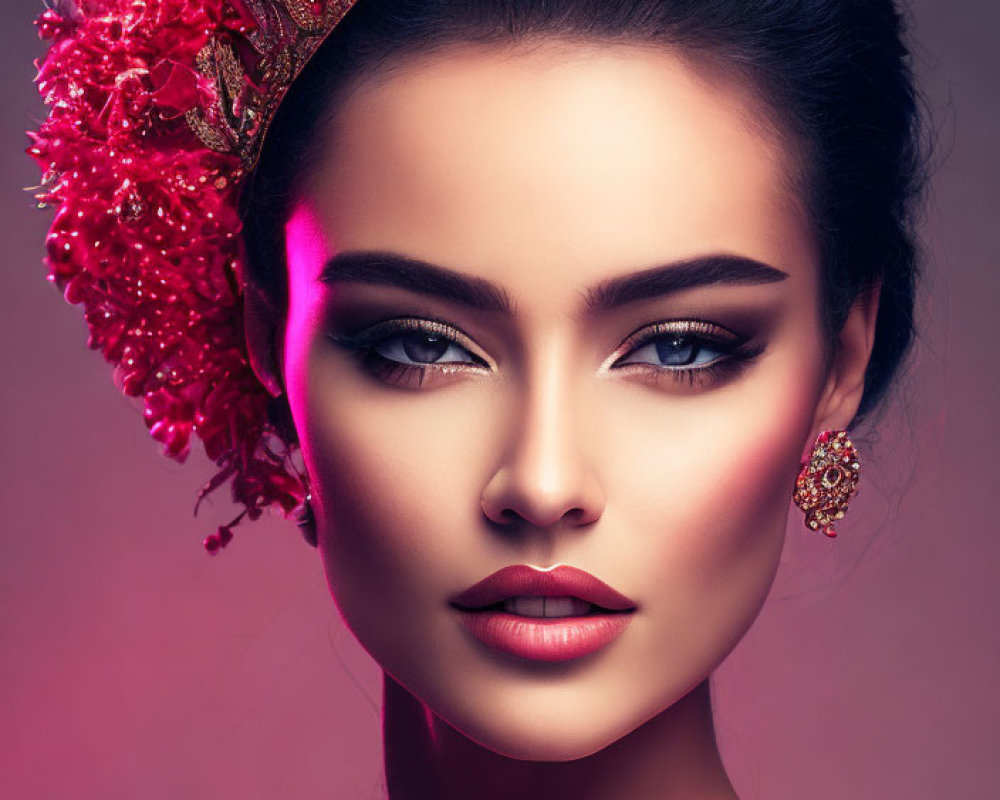 Woman with Striking Makeup and Red Jeweled Crown on Pink Background