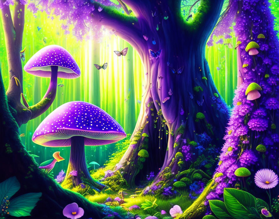 Enchanting forest with glowing purple mushrooms and whimsical creatures