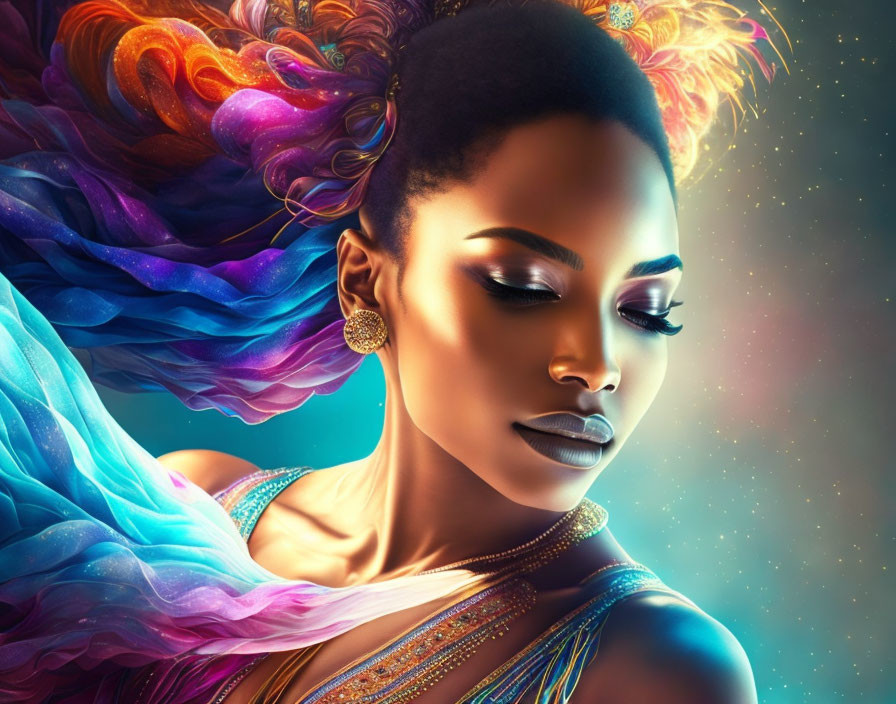 Vibrant digital artwork: Woman with flowing hair & cosmic background