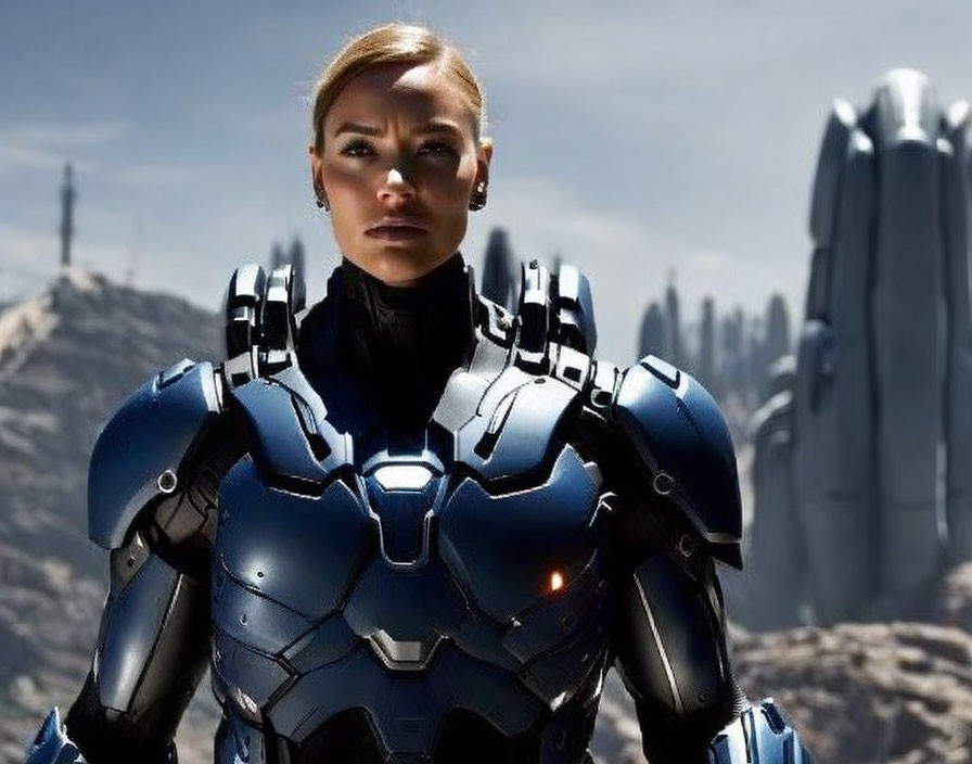 Blonde person in blue high-tech suit on rocky landscape.