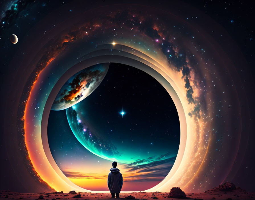 Person Contemplating Surreal Cosmic Scene with Celestial Bodies and Rings