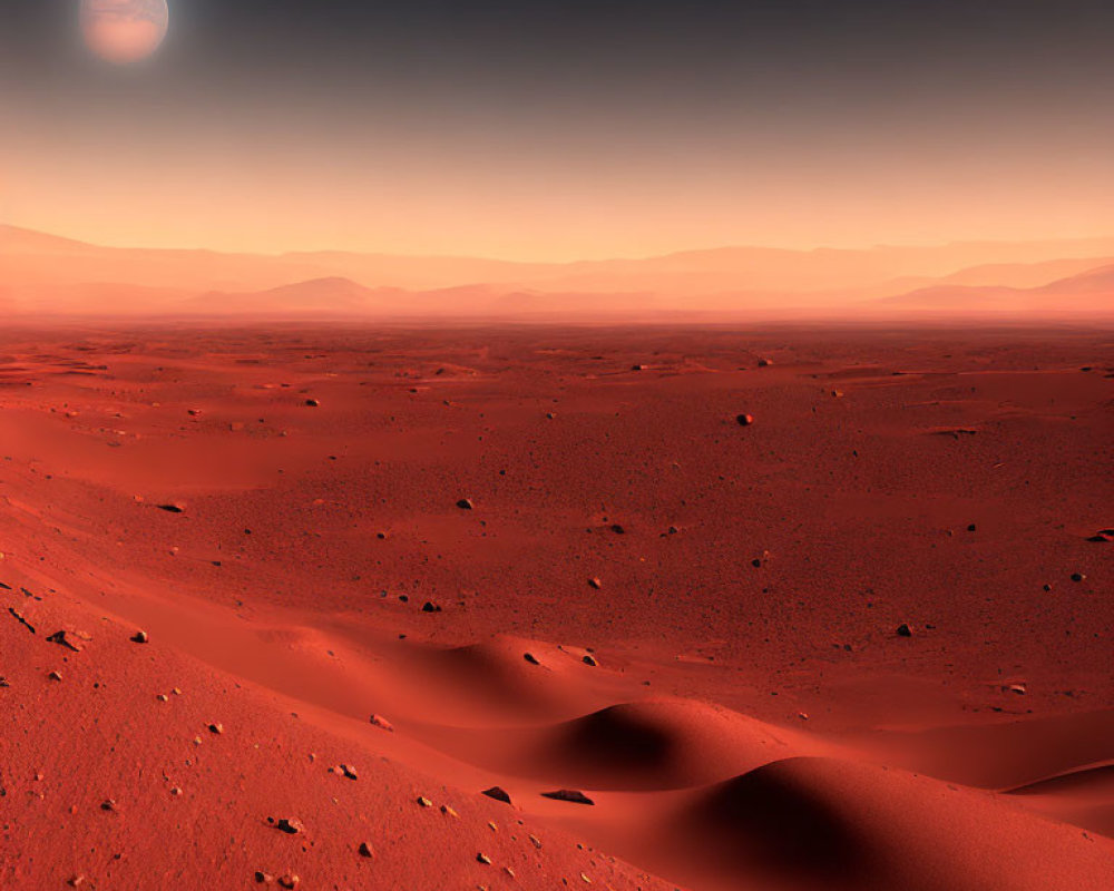 Martian landscape at twilight: Red sand dunes, rocks, rising moon