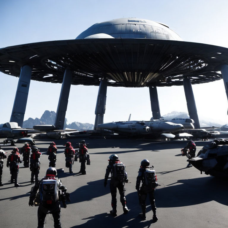 Futuristic military troops in armored suits marching towards aircraft under saucer-shaped structure against mountainous backdrop