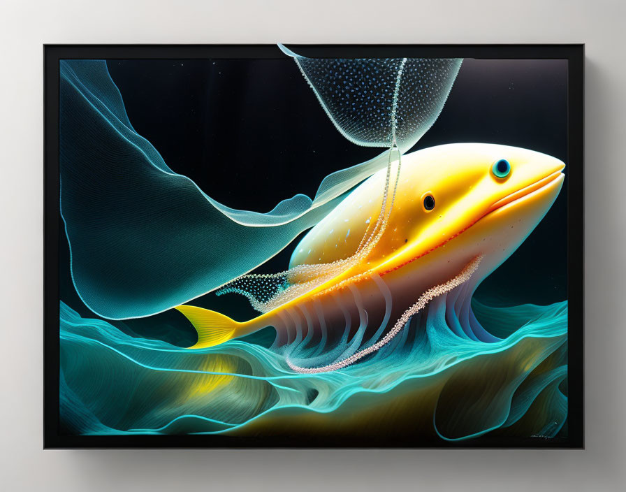 Colorful Framed Artwork: Golden Fish in Dynamic Sea Scene