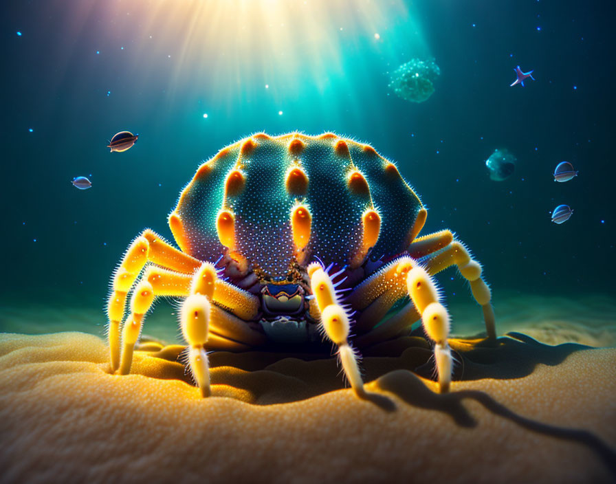 Vibrant crab on sandy seabed with fish and bubbles in sunlit water