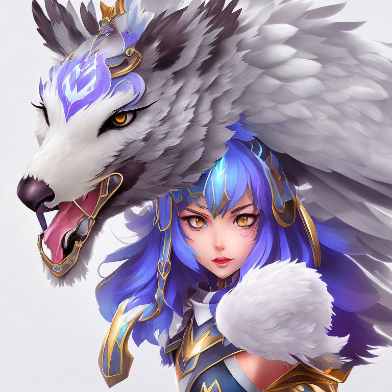 Fantasy illustration of woman with blue hair in golden armor with majestic white wolf