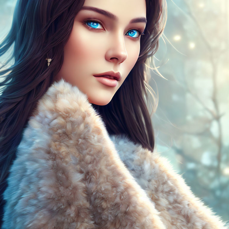 Digital portrait of woman with blue eyes & brown hair in fur coat against winter backdrop