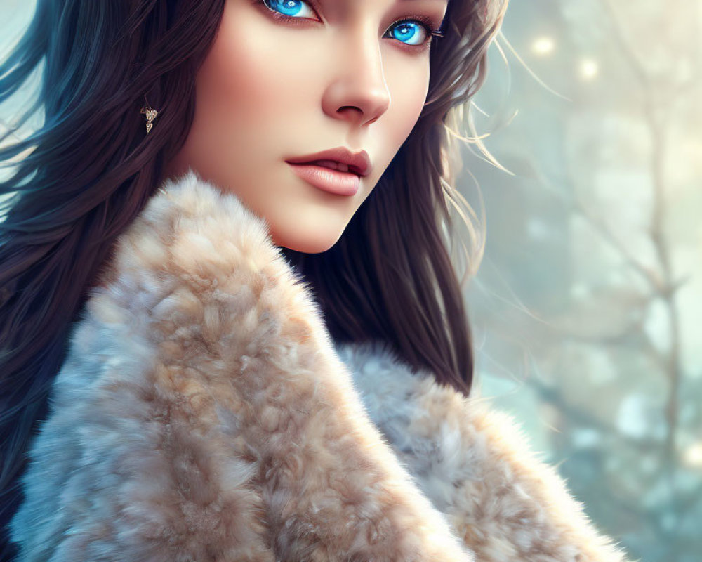 Digital portrait of woman with blue eyes & brown hair in fur coat against winter backdrop