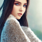 Digital portrait of woman with blue eyes & brown hair in fur coat against winter backdrop