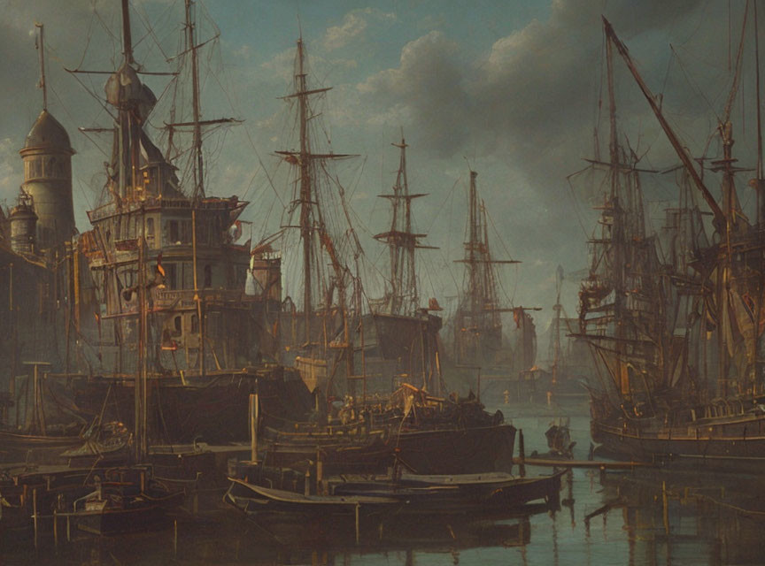 Busy Harbor Painting with Sailing Ships and Soft Light