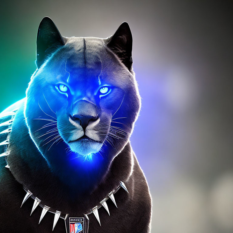 Digital Art: Black Panther with Blue Eyes and Spiked Collar