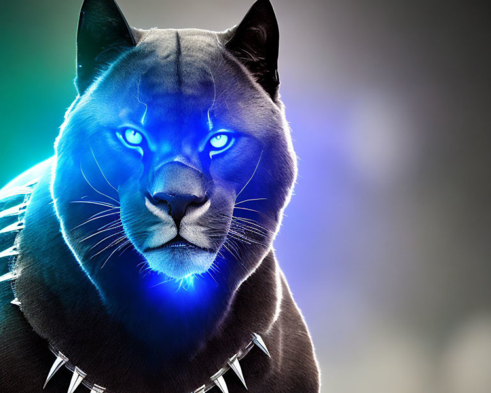 Digital Art: Black Panther with Blue Eyes and Spiked Collar