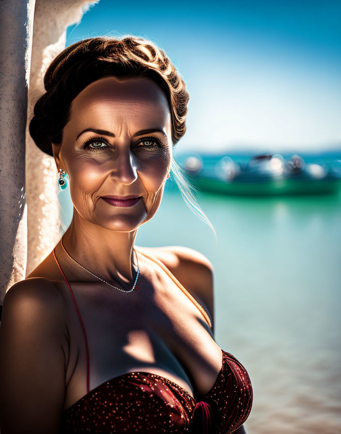 Woman in Red Dress Leaning Against Wall by Water and Boat