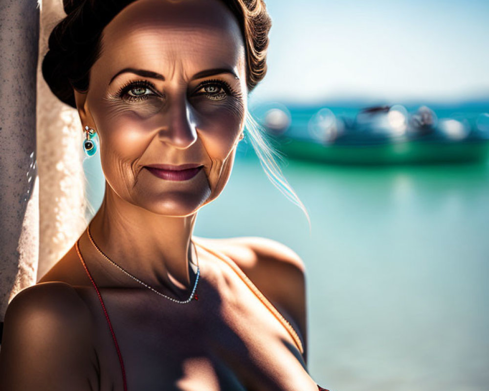 Woman in Red Dress Leaning Against Wall by Water and Boat