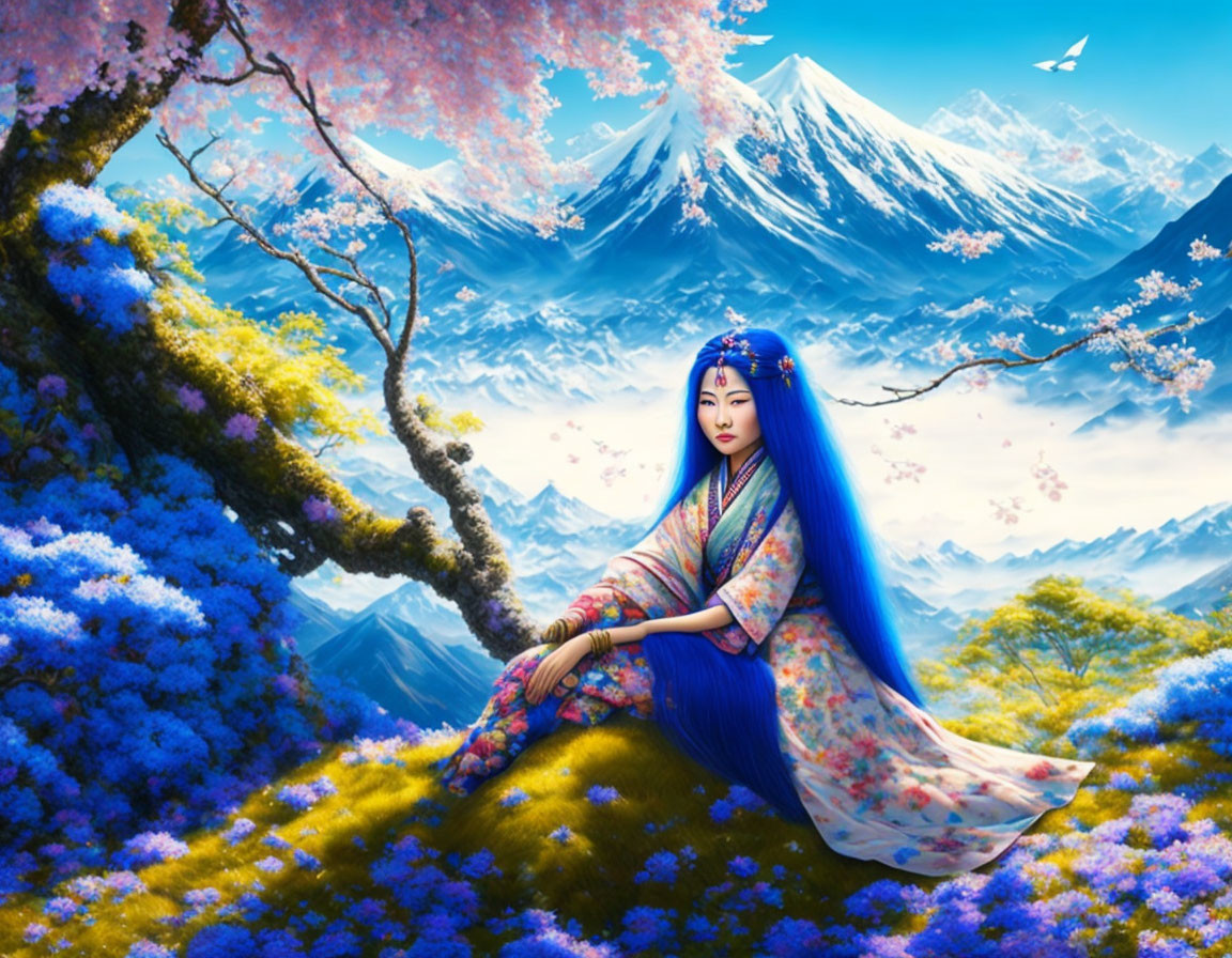 Illustration of woman in kimono with blue hair under cherry blossoms