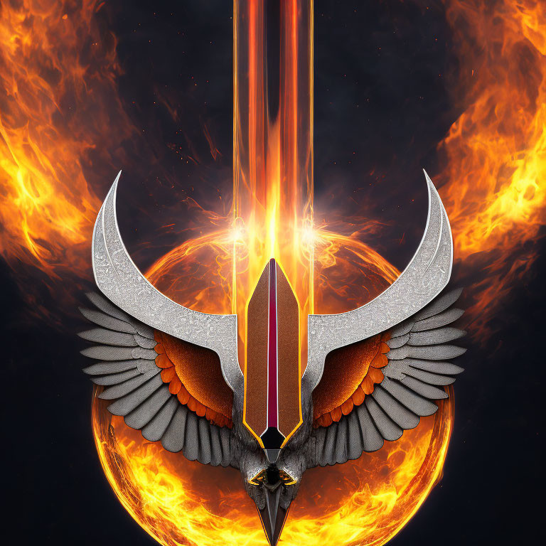 Stylized sword with glowing edges and wings in fiery backdrop