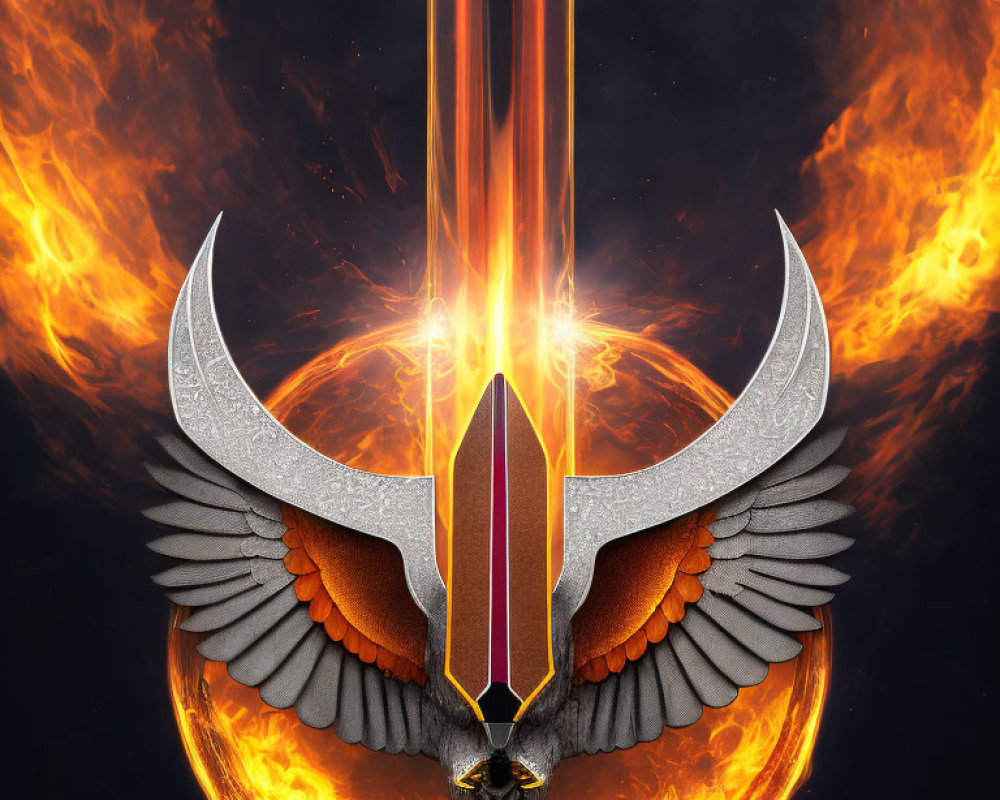 Stylized sword with glowing edges and wings in fiery backdrop