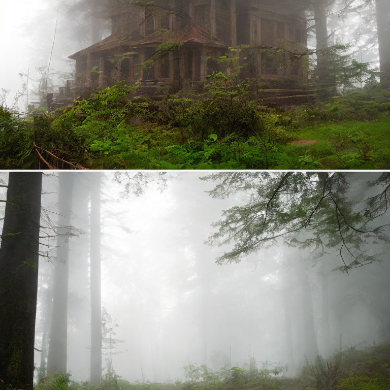 Rustic wooden cabin in misty forest with tall trees