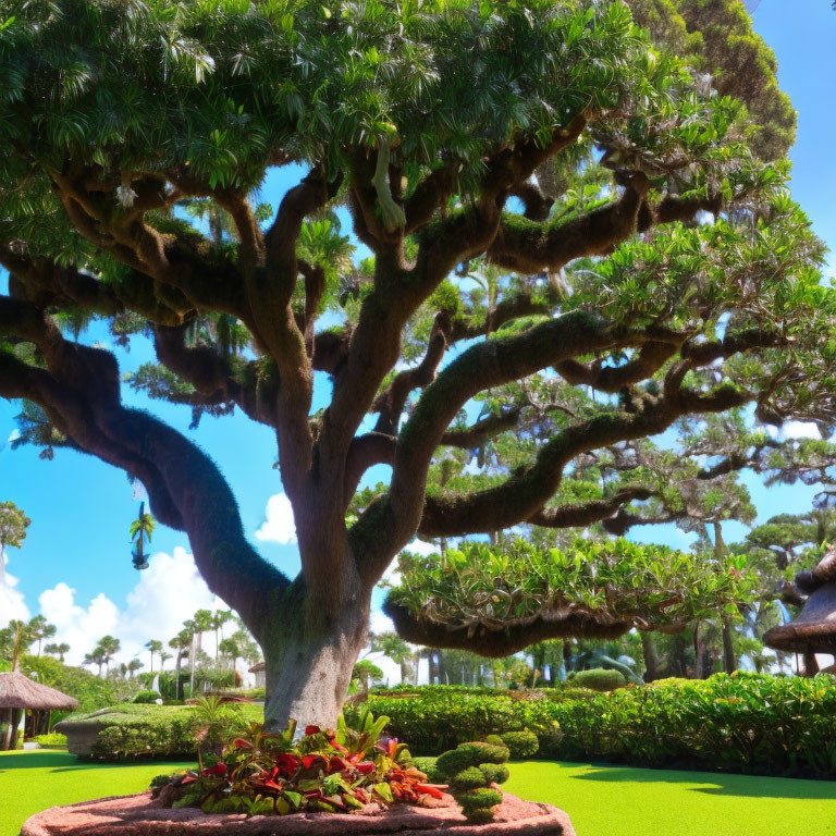 Majestic twisted trunk tree in sunny tropical garden