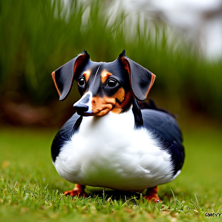 Whimsical creature with duck body and dachshund head on green background